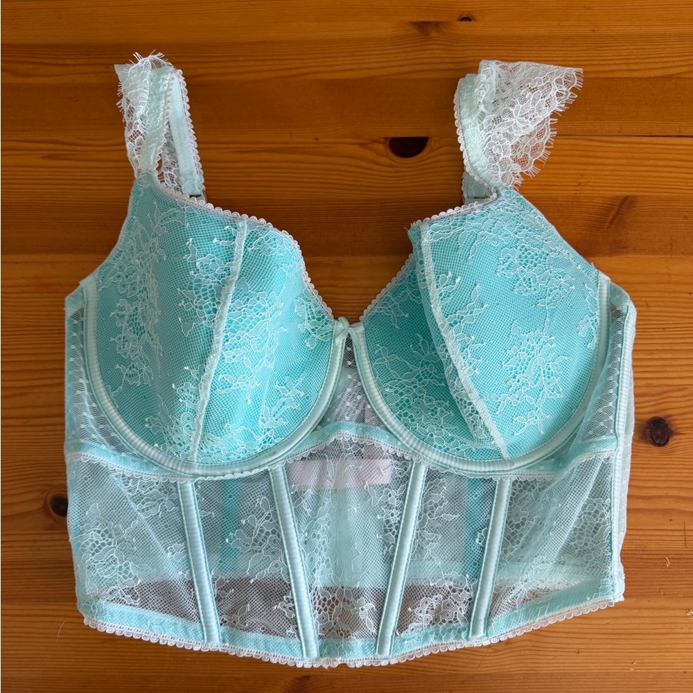 Victorias Secret large Long Line Balcónette Bra Thong Set Mint White Lace NWT